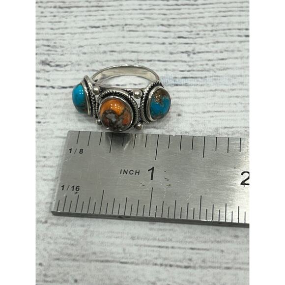 BBJ 925 Sterling Silver Spiny Oyster Turquoise 3-Stone Southwestern Ring Sz 8 - Picture 9 of 10